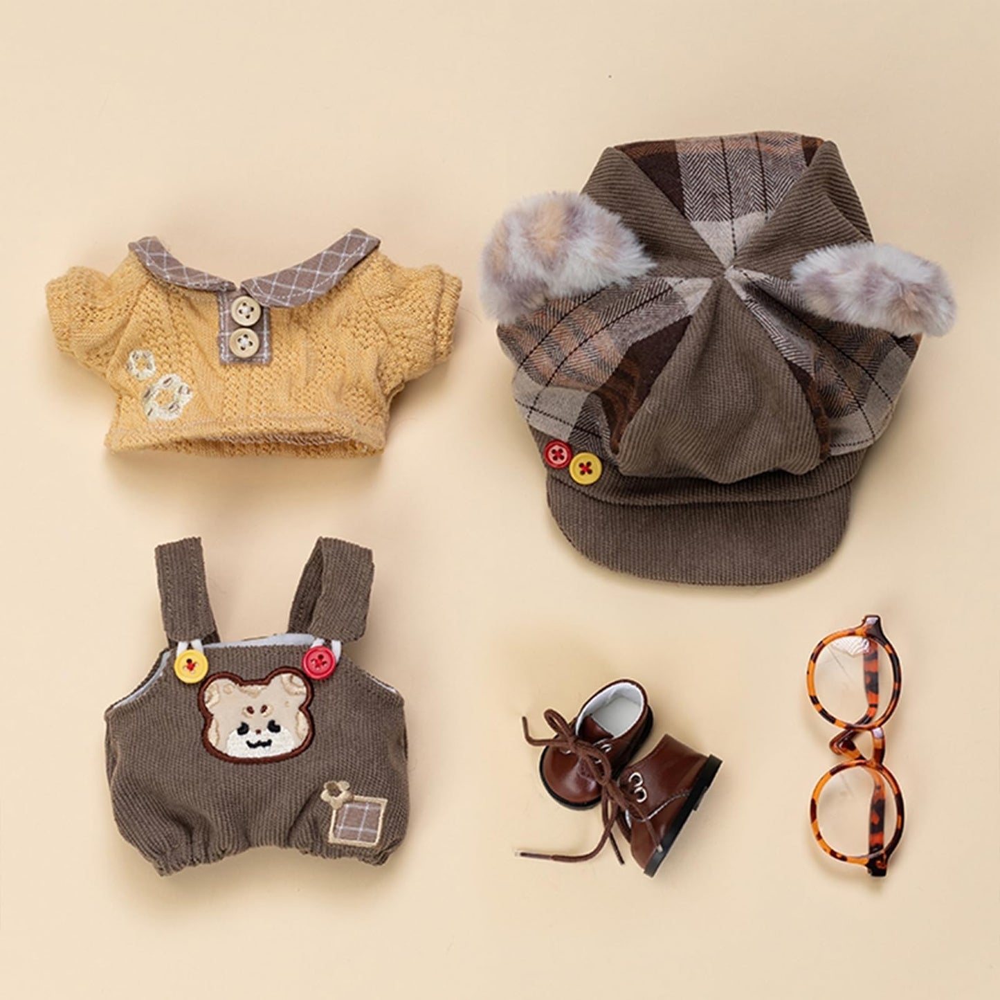 Soft Stuffed Animal Clothes, Cute 20cm Plush Doll Clothes Set for Stuffed Animals, Hat Shirt Shoes Glasses Bag Bib Pants 20cm Doll Clothes (Leopard Doll Clothes Set-20cm/8)