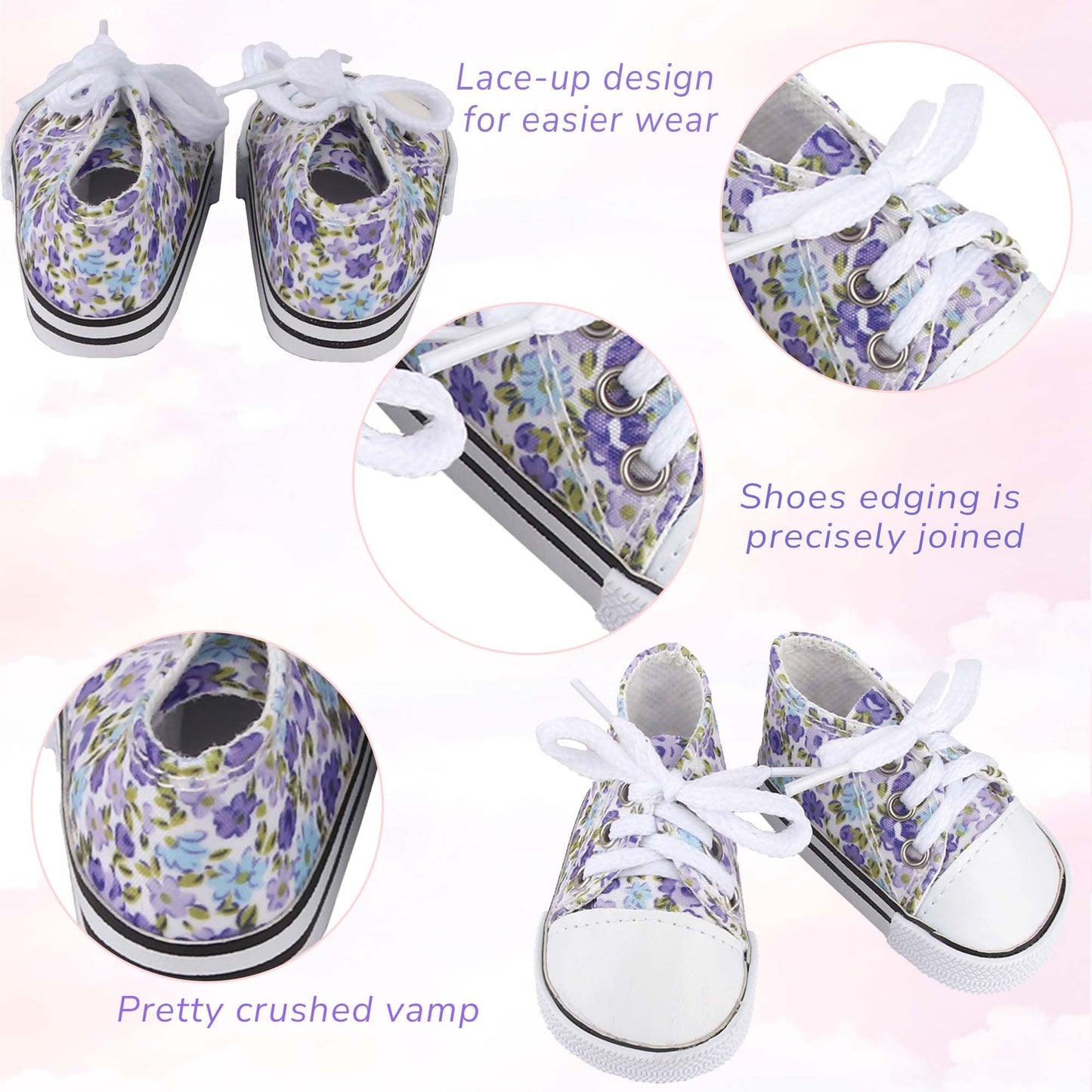 18 Inch Doll Canvas Shoes for 18 Inch American Dolls, Floral Upper and Lace Up Design, Available in 8 Patterns and Colors, for 18 Inch Girl Dolls and Other 18 Inch Doll Accessories