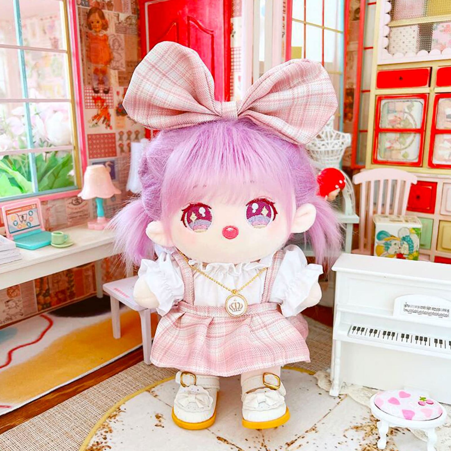 Plush Doll Clothes Set, Cute JK Uniform Set, Doll Dress Shirt Bow Necklace Shoes 5Pcs Outfits for 20cm/8 inch Soft Dolls Stuffed Animals (pink clothes set-20cm/8)