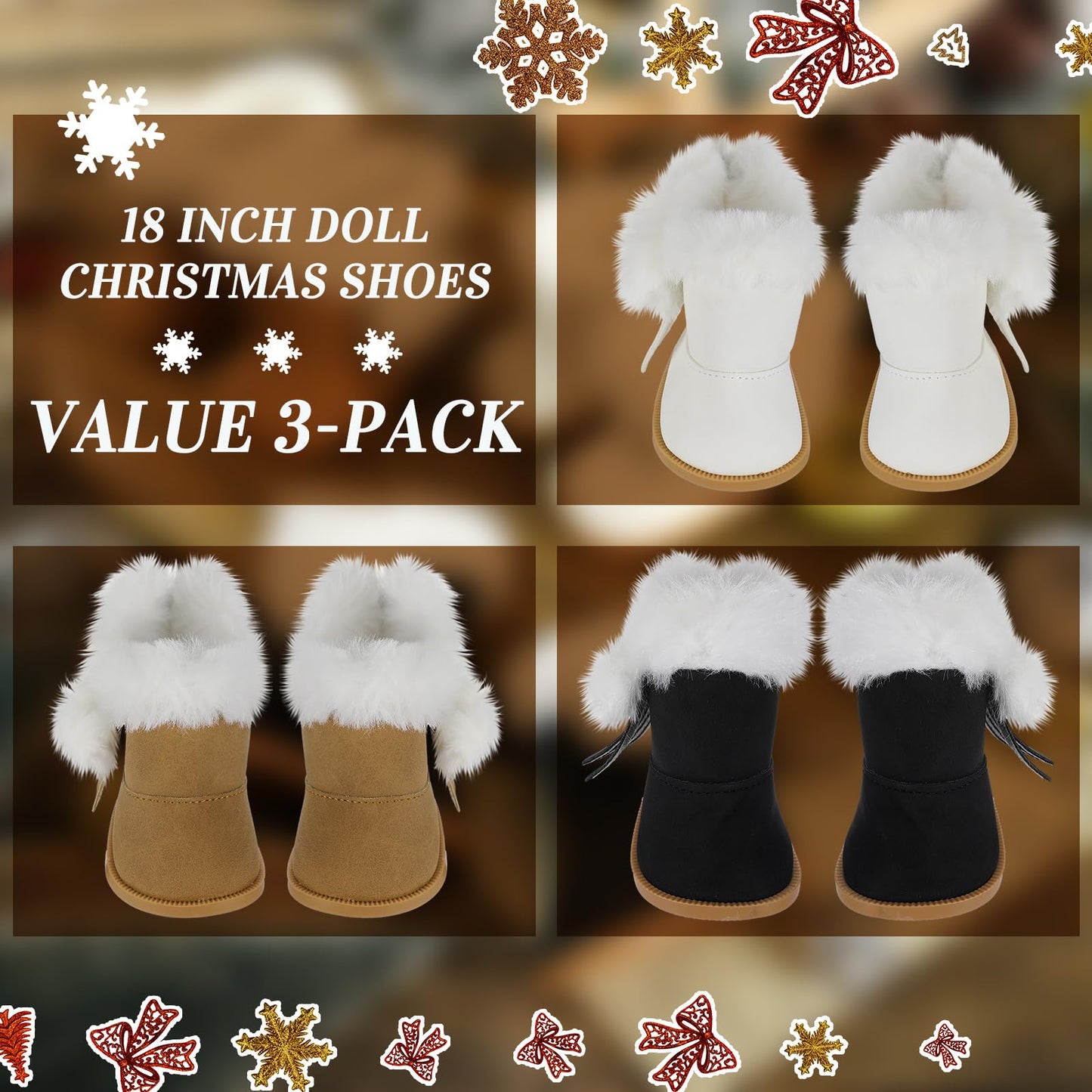 3 Pairs Christmas18 Inch Doll Shoes Boots Dolls Winter Snow Doll Boots Accessories(Black White Brown)