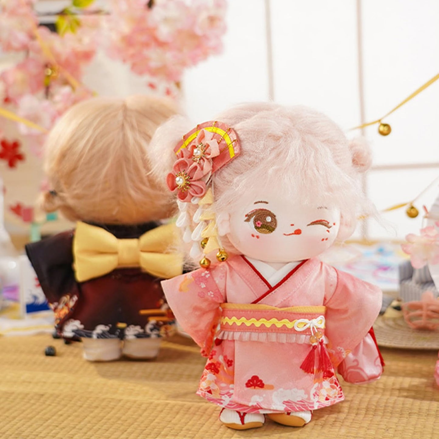 20cm Plush Doll Clothes Set, Cute Japanese Kimono Yukata Dress Up Plush Doll Clothes for Anime Plush Soft Cotton Dolls and Stuffed Animals(Without Doll) (Pink-W/ODoll)