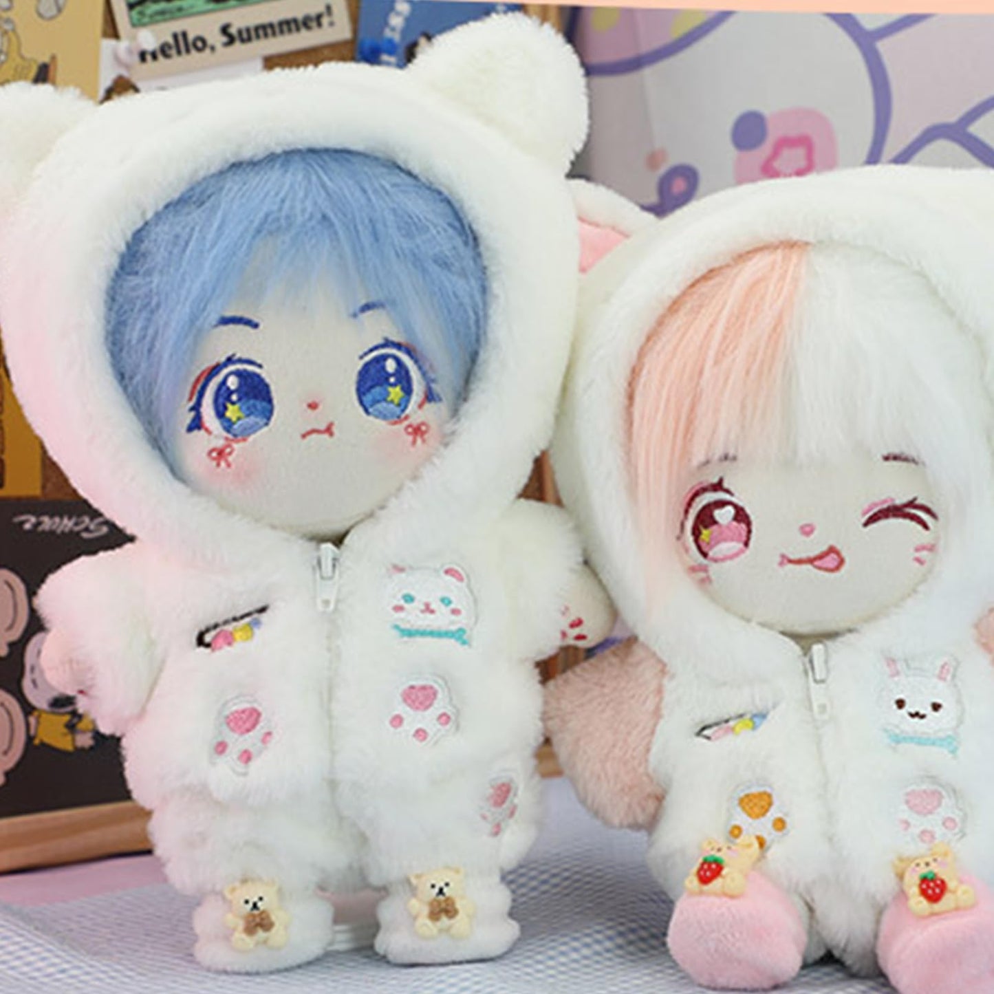 20cm Plush Doll Clothes, Anime Plushie Outfit Suit Pajamas, 8 inch Cotton Doll Clothes for Skzoo Dolls Stuffed Animals (WhiteBearNew Suit)